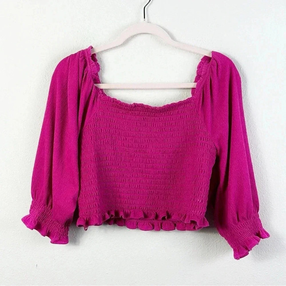 Free People Brenyce smocked Boho top blouse ruffled sleeves jungle flower SZ M - Picture 4 of 14